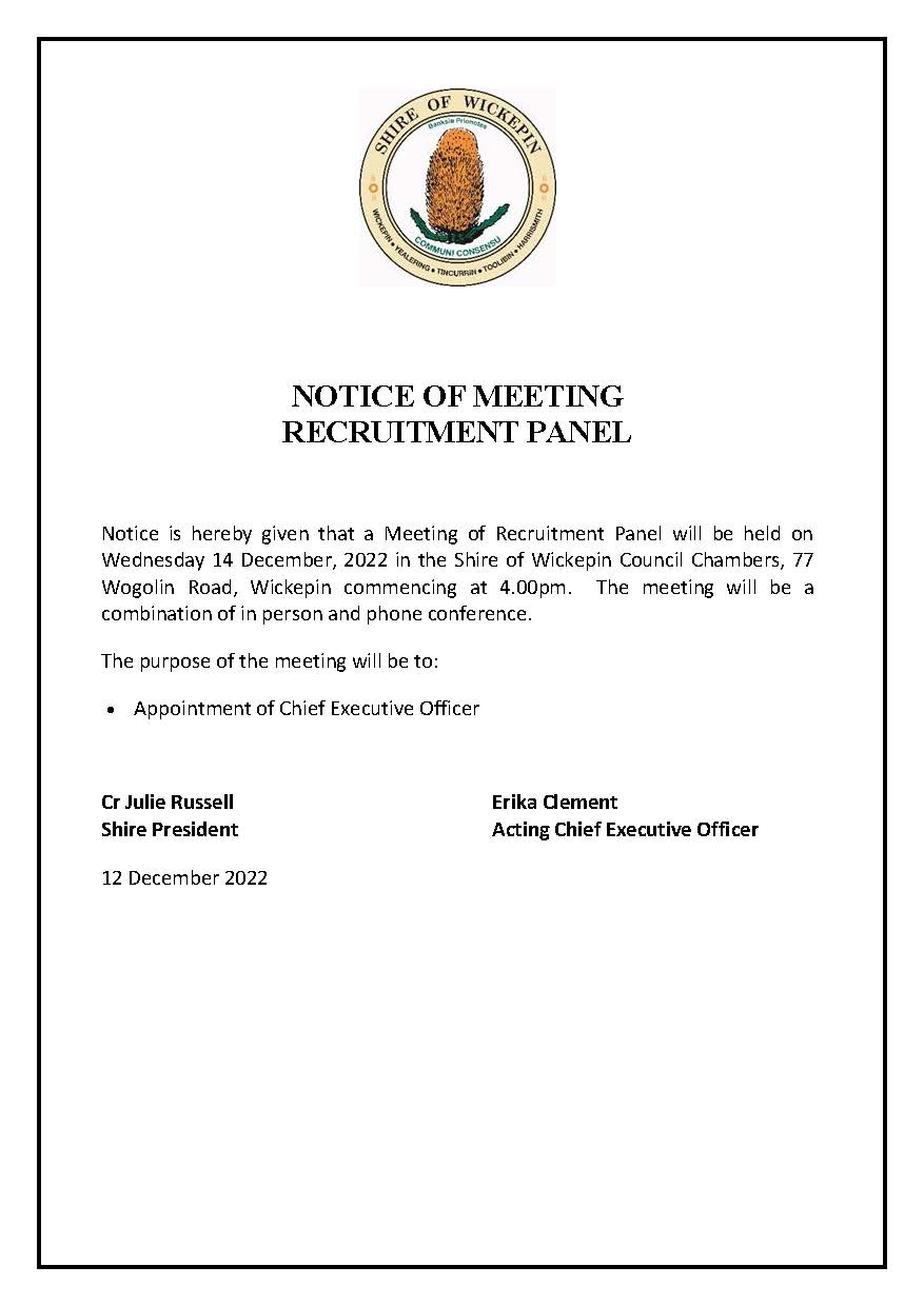 Notice of Meeting - Recruitment Panel Committee Meeting