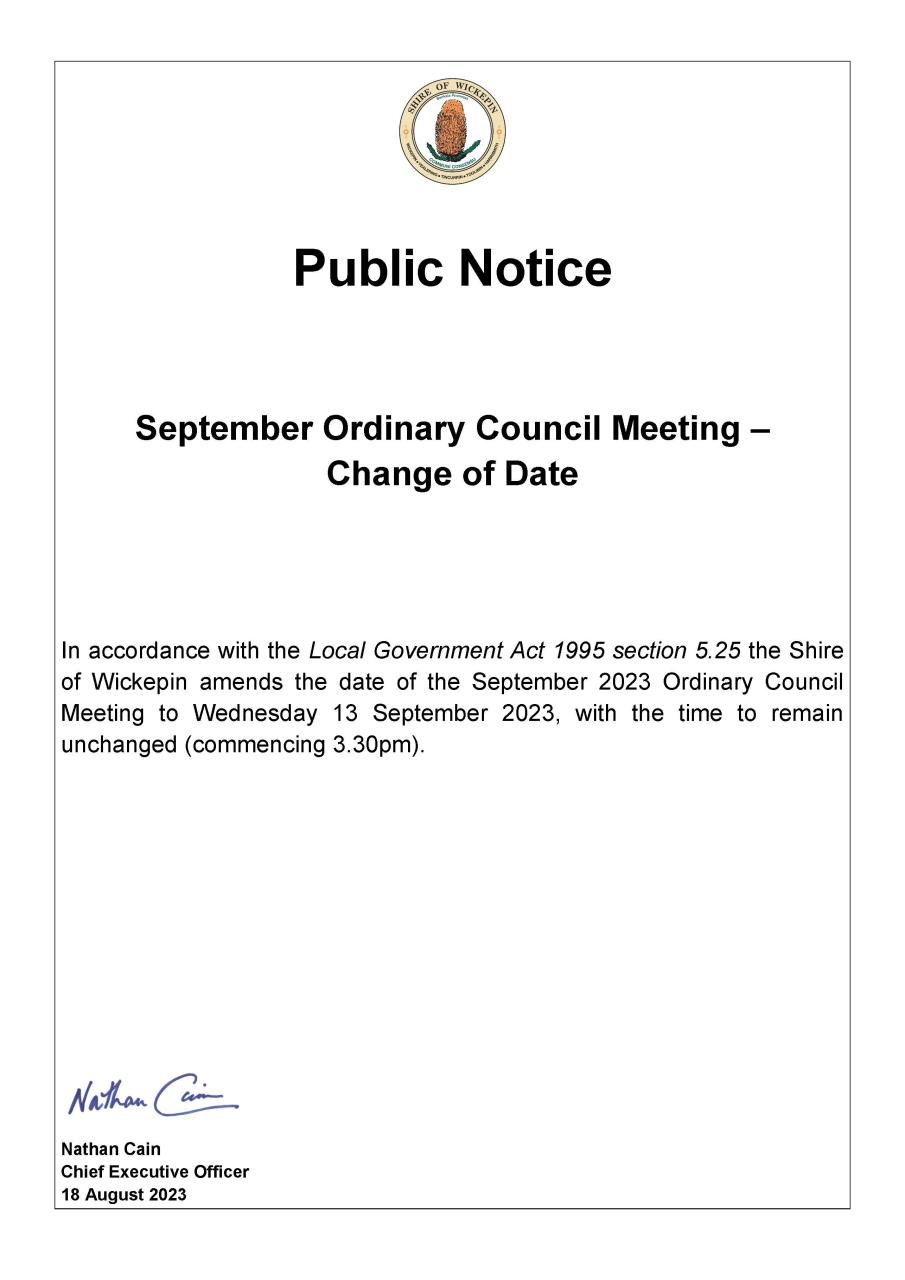 Public Notice - September Ordinary Council Meeting 2023 - Change of Date