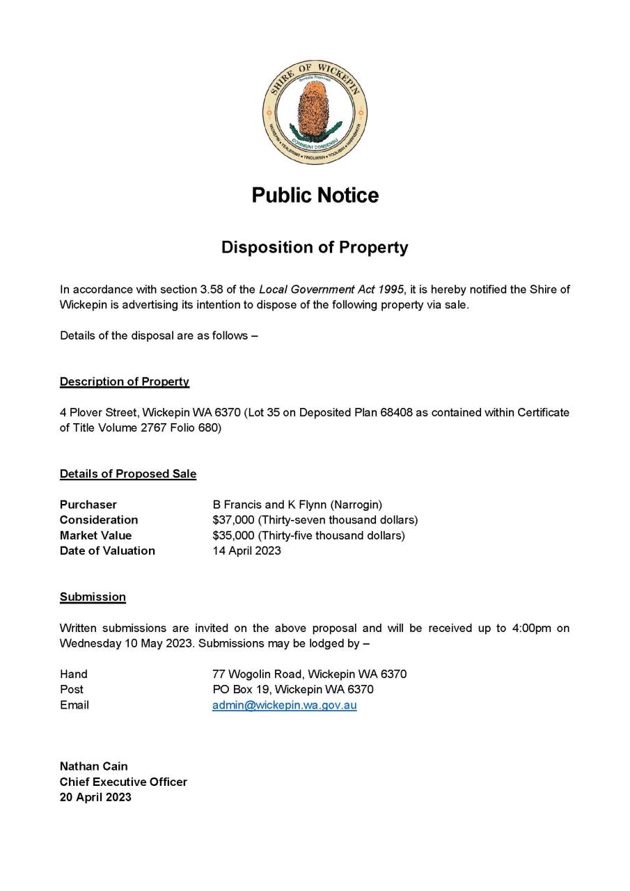 Disposition of Property - 4 Plover St, Wickepin